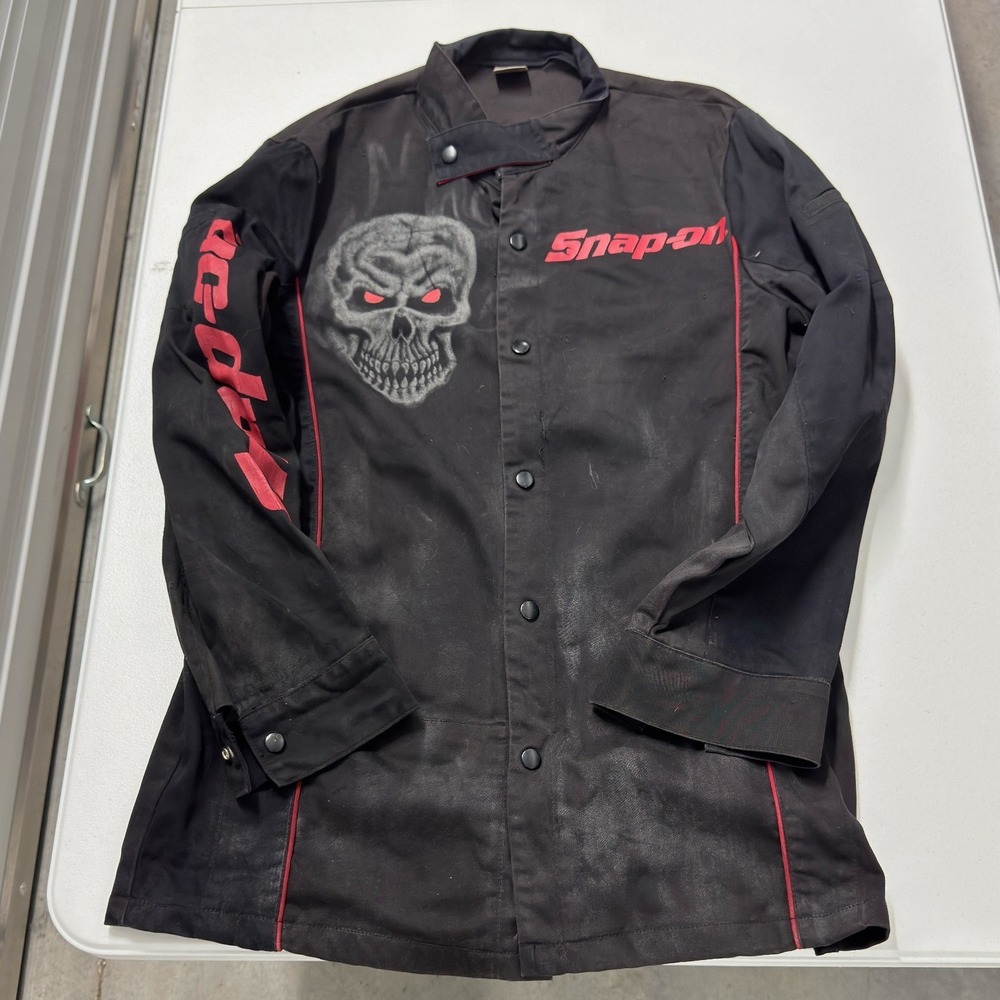 Snap-on Tools Skull Work Jacket Mens L Black Good Graphic Snap Front Moto Biker